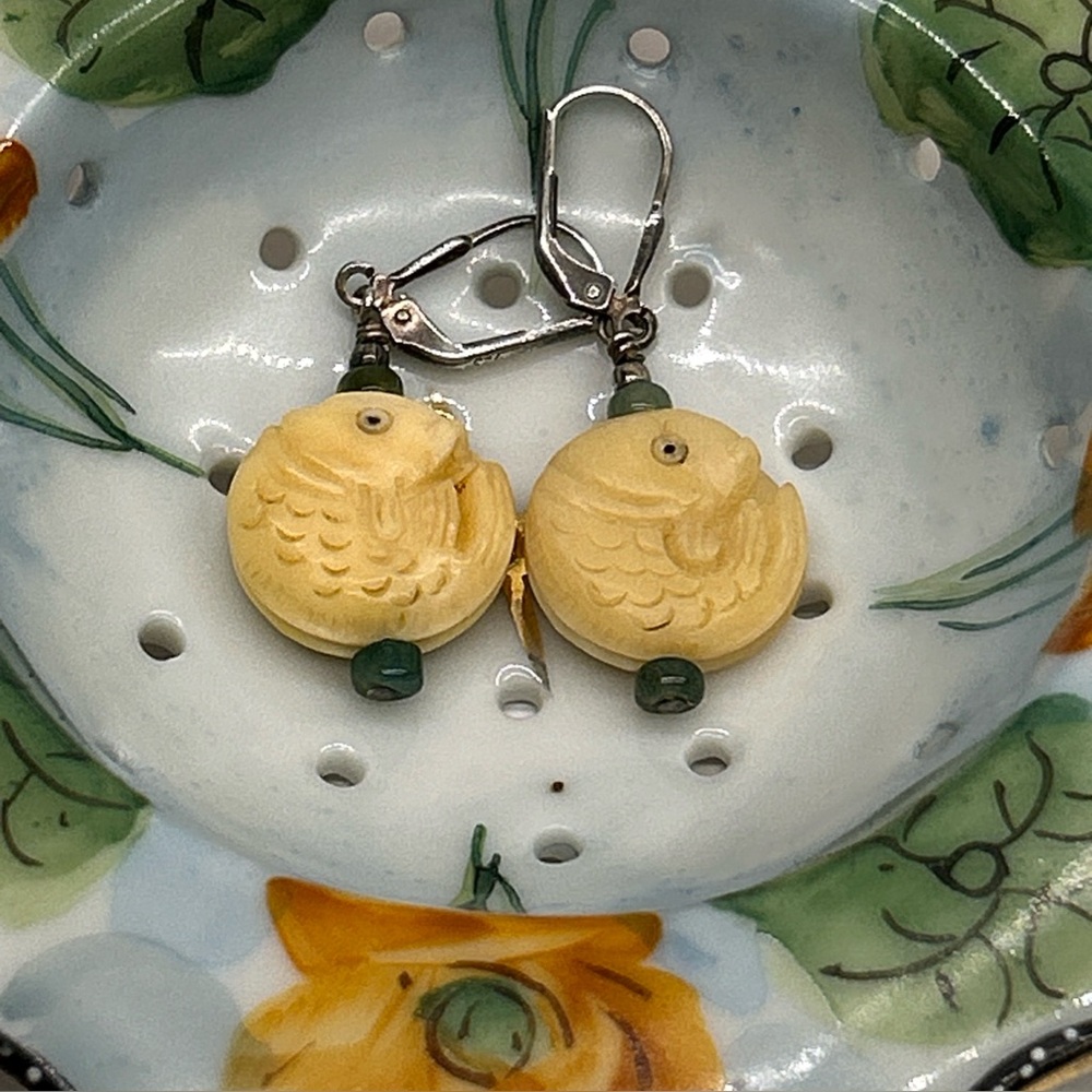 Vintage Carved Fish Earrings With Green Beads